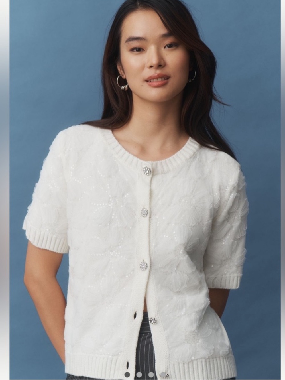 Anthropologie x Maeve Short-Sleeve Floral Embellished Cardigan Sweater - Size S
